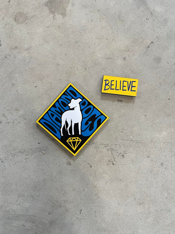 Painted Leather Diamond Dogs + Believe Sign